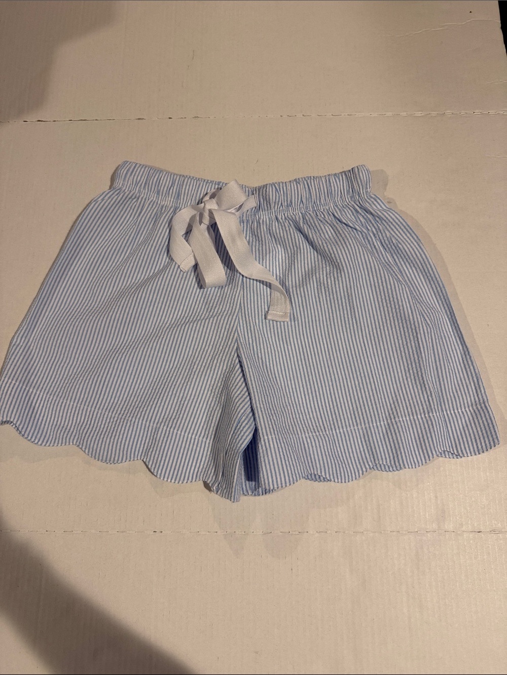 Light Blue Striped Scallop Hem Women's Shorts